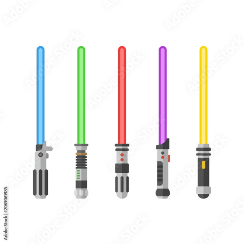 Bild auf Leinwand Five vividly colored lightsabers stand in a cinematic display