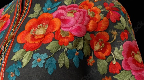Richly colored floral embroidery adorns dark fabric textile detail