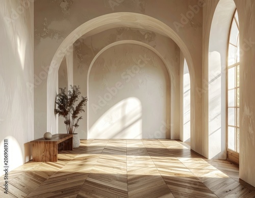 Sunlight streams through arches onto a wooden floor and bench