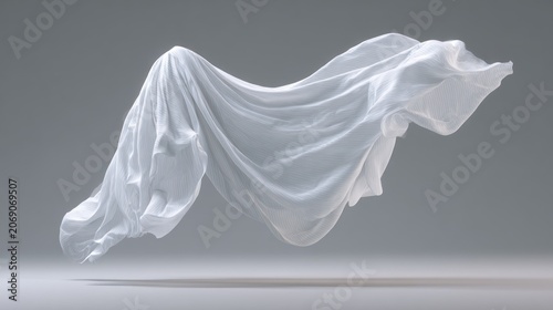 Lightweight white textile material flows suspended in midair against a soft gray background