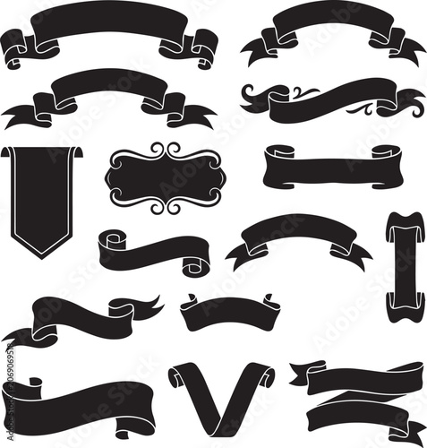 Vintage Ribbon Banner Collection Vector Set – Decorative Scroll Labels and Retro Badge Elements .