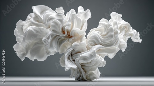 Abstract white flowing material twists and swirls against a neutral background