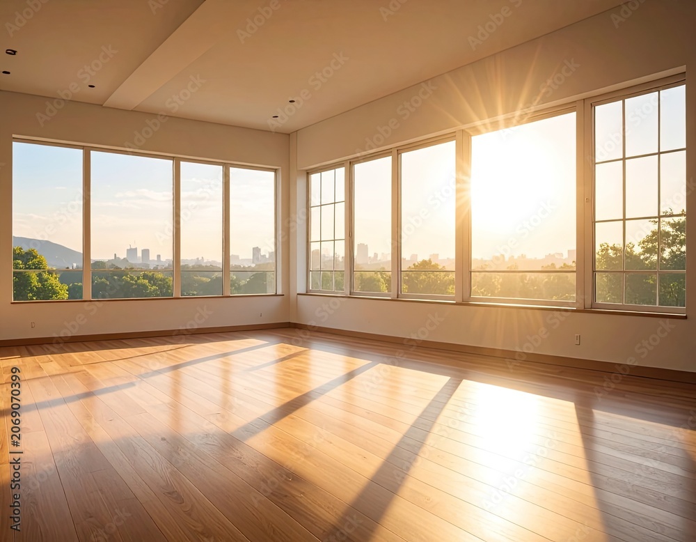 Fototapeta premium Sunlit, empty room with expansive city and tree views