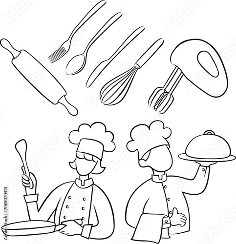 Kitchen collection line art. Culinary tools illustration.