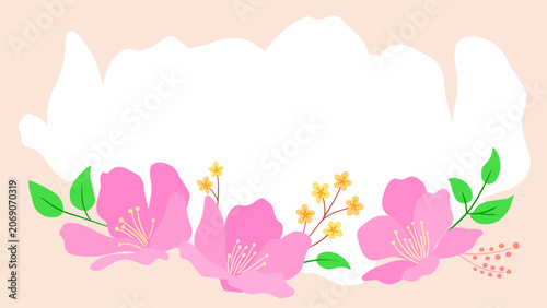 Floral on pastel peach background.  White text frame outlined by vibrant pink blossoms.