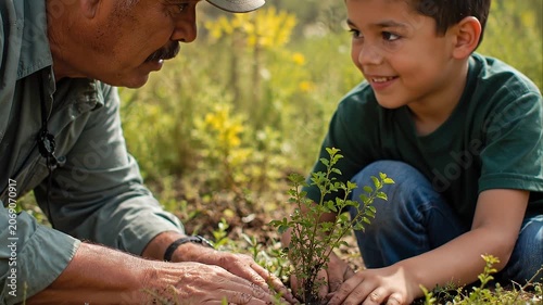 Grandfather and boy planting sapling outdoor garden soil smiling, nature stewardship education inspires young boy gardening mentor teaching care