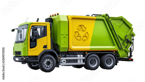 Canvas Print Green and yellow garbage truck with recycling symbol, isolated on transparent ba