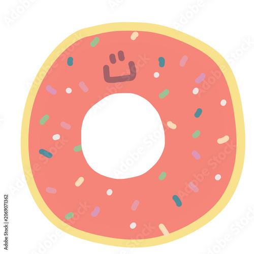 Cute donut character with colorful sprinkles and smiling face, playful cartoon dessert illustration.