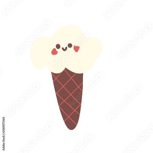Cute kawaii ice cream cone character with smiling face and rosy cheeks, playful cartoon dessert illustration.