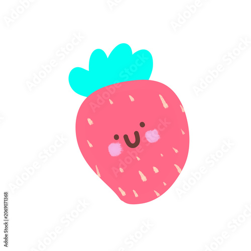 Cute strawberry character with smiling face and rosy cheeks, playful fruit cartoon illustration.