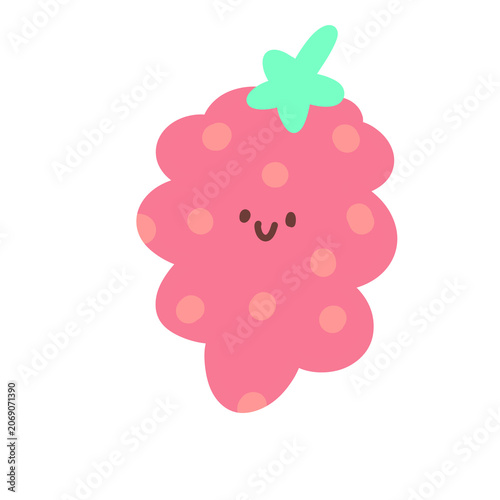 Cute raspberry character with smiling face and soft pink colors, playful fruit cartoon illustration.