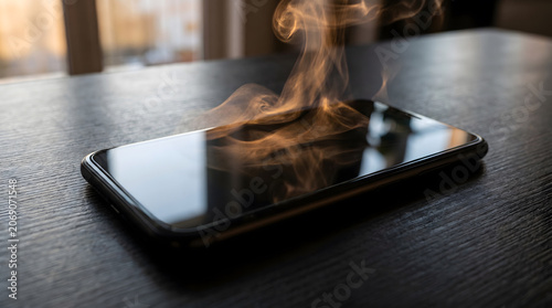 Smoking Smartphone on Wooden Table.