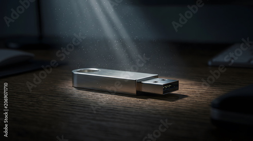 Silver USB Flash Drive in Spotlight on Wooden Desk.