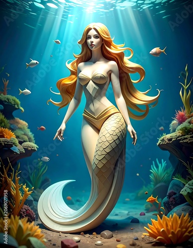 Elegant Red Haired Mermaid Standing in Sunlit Underwater Reef