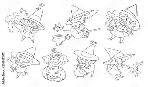 Cute cartoon witch character outline set with playful Halloween actions, flying on a broom, casting spells, brewing potions, and interacting with magical elements in clean line art style. Outline set