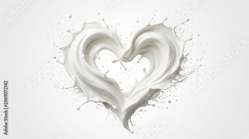 White milk splash in heart shape isolated on white background, dynamic fresh liquid cream flow