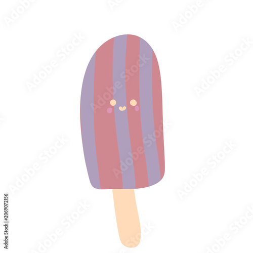 Cute striped popsicle character with smiling face and pastel colors, playful cartoon dessert illustration.