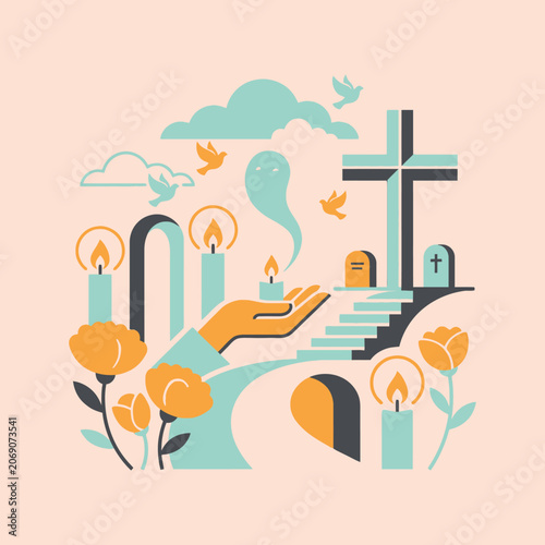 Bild auf Leinwand Religious memorial illustration with candles and a cross
