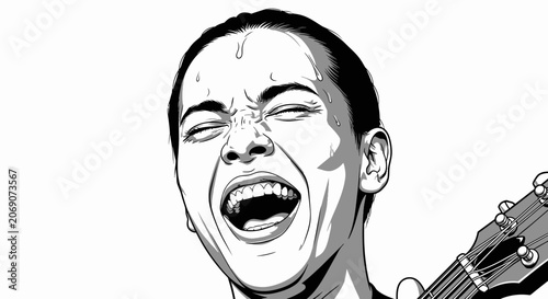 Cuadro en lienzo Black and White Illustration of Passionate Female Guitarist Singing