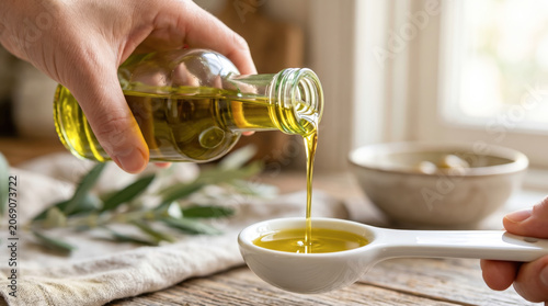 Pouring Golden Oil Into Measuring Spoon Bright Kitchen Scene