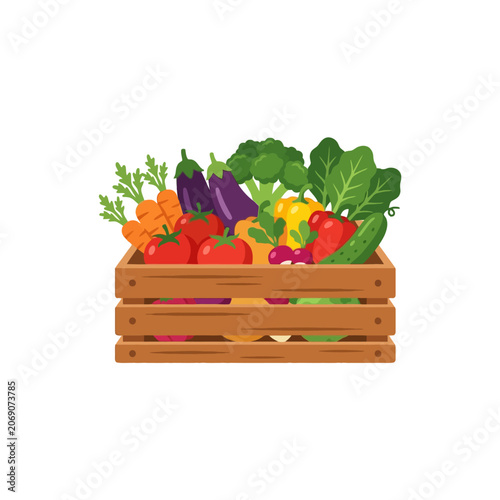Fresh organic vegetables in a rustic wooden crate