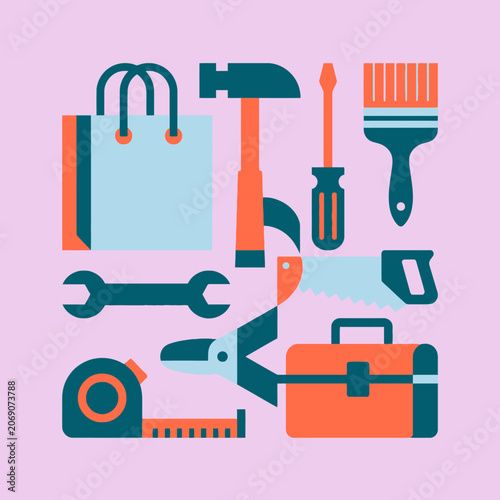 Flat vector illustration of various construction and DIY tools