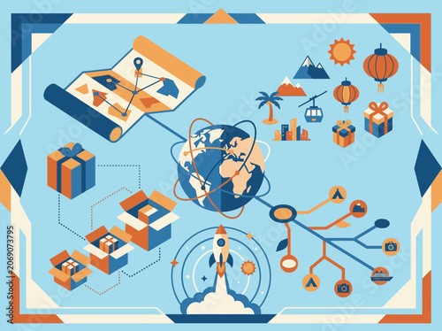 Global logistics and travel network flat vector illustration