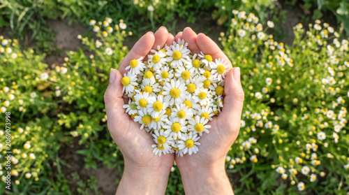 Hands Holding Bright Yellow Centered White Flowers