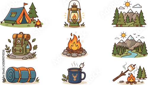 Camping Adventure Cartoon Icons Set – Outdoor Travel, Campfire and Hiking Equipment Collection .