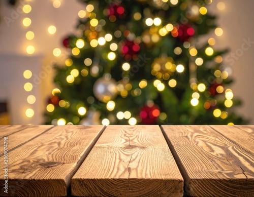 Rustic wooden table foreground, blurred festive tree with lights backdrop