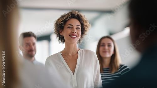 Female leader facilitating a meeting while listening attentively to a colleague
