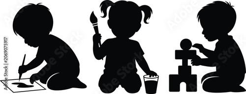 Set of black silhouettes of children doing creative art activities, drawing, painting and playing with toy blocks