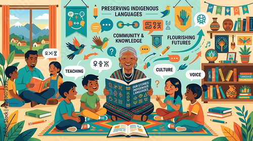 Elder woman teaching indigenous language and cultural history to diverse children in a community setting