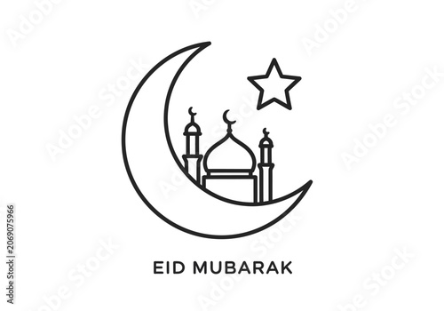 Eid Mubarak mosque crescent star symbol.