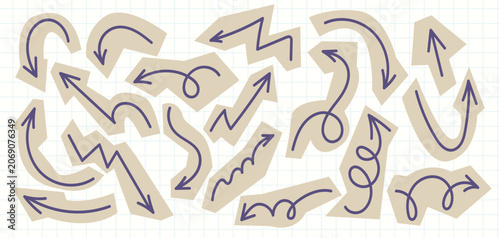Hand drawn arrow collection with curved, zigzag and spiral directions. Doodle style navigation arrows set isolated on grid background, useful for diagrams, infographics, maps and UI design