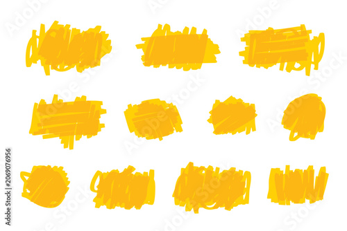 Yellow marker scribble set isolated on light background, hand-drawn brush strokes in bright golden color, abstract highlight shapes for design, banners, labels, and creative elements