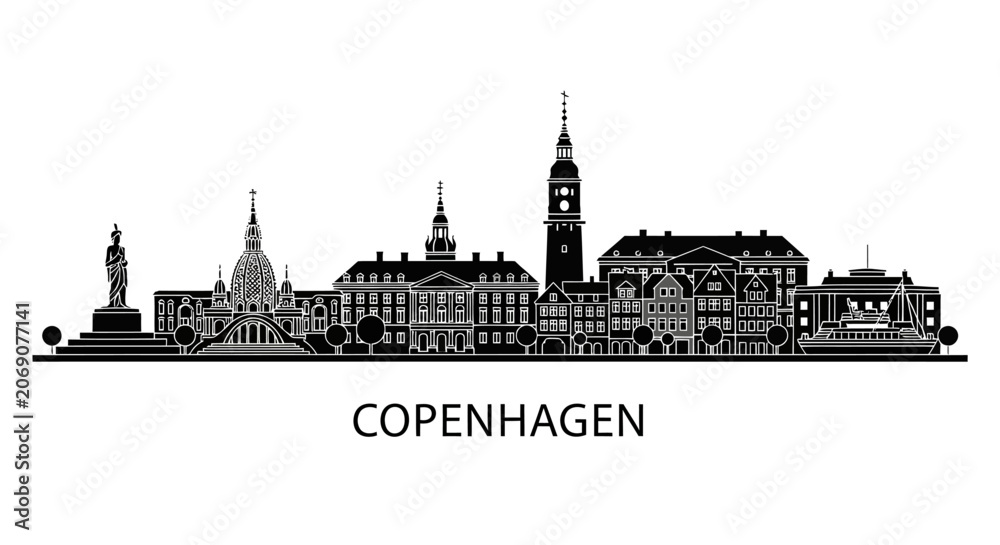 Fototapeta premium Copenhagen Cityscape Silhouette: Architectural Landmarks in Black and White