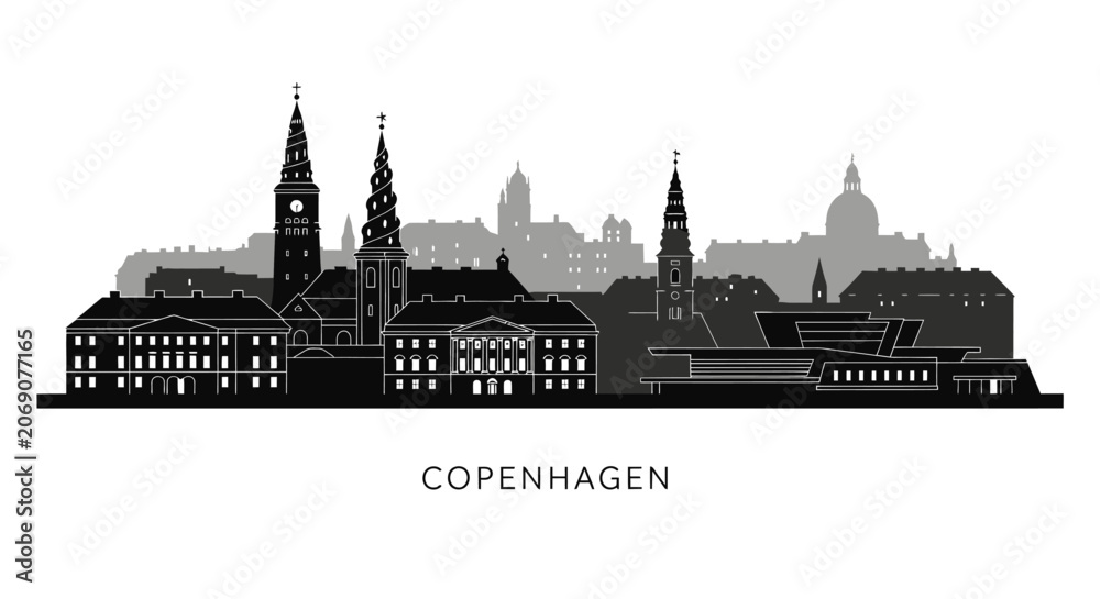Fototapeta premium Copenhagen Skyline Silhouette: Iconic Cityscape Black and White Vector