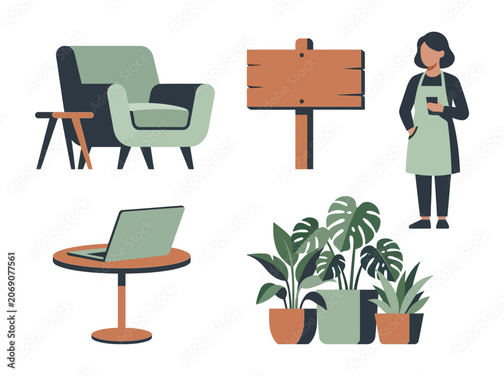 Fototapeta premium Flat Vector Illustration Set of Modern Cafe Elements, Barista, Indoor Plants, and Furniture