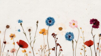 Pressed wildflower border with delicate stems and colorful petals on textured paper for design, card, poster, background