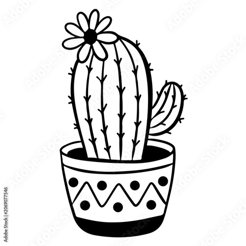 A black and white illustration of a tall cylindrical cactus with spines, a flower, and a smaller arm in a decorative zigzag pot