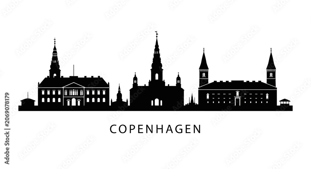 Fototapeta premium Copenhagen, Denmark skyline silhouette, black graphic design