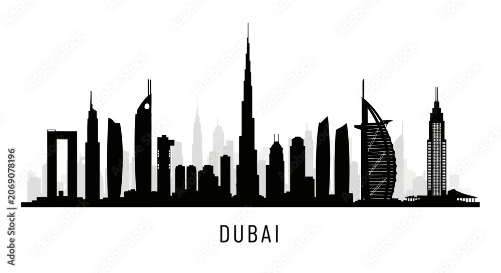 Obraz premium Dubai Cityscape Silhouette: Iconic Buildings, Black and White, Skyline