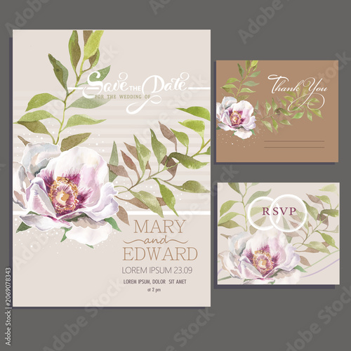 wedding invitation set featuring watercolor peonies and greenery, printable layout