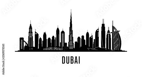 Dubai Skyline Silhouette: Cityscape Illustration, Black and White, Modern Architecture