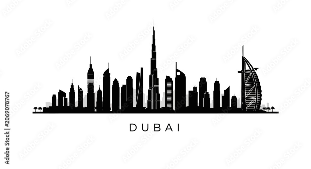 Obraz premium Dubai Skyline Silhouette: Iconic Cityscape Landmark against White