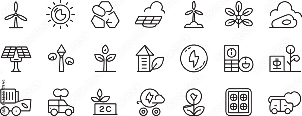 Fototapeta premium Solar Energy Icons Set with Wind Turbines, Recycling Arrows, Leaf Power, and Eco-Friendly Power Line Symbols