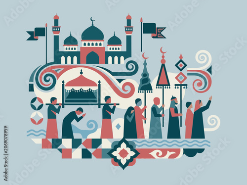 Foto Stylized Islamic cultural procession with mosque and people