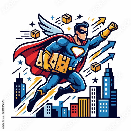Quadro su tela Bold delivery superhero flies above the city with parcels