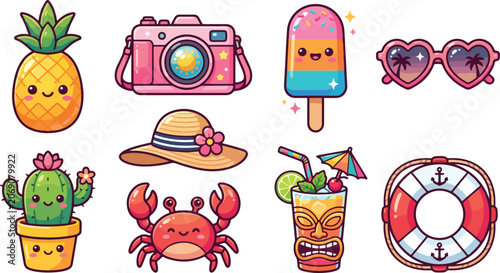Cute summer vacation icons set kawaii beach travel elements collection cartoon vector illustration .
